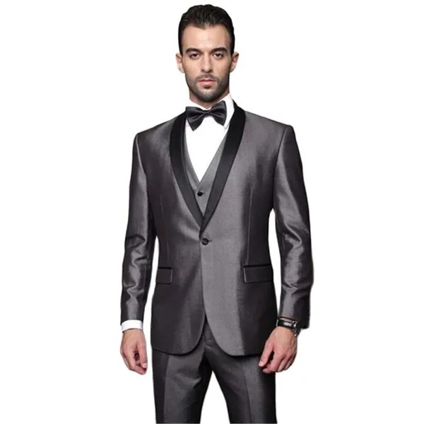 Новый элегантный мужской костюм на одной пуговице блестящие серебряные смокинги для жениха с черной шалью с лацканами Мужская Свадебная одежда для шафера мужской костюм