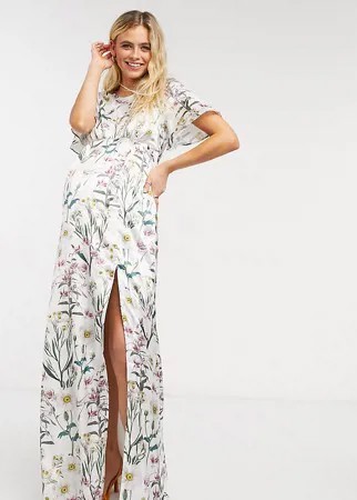 Атласное платье макси с хомутом на спине и растительным принтом Hope & Ivy Maternity-Многоцветный