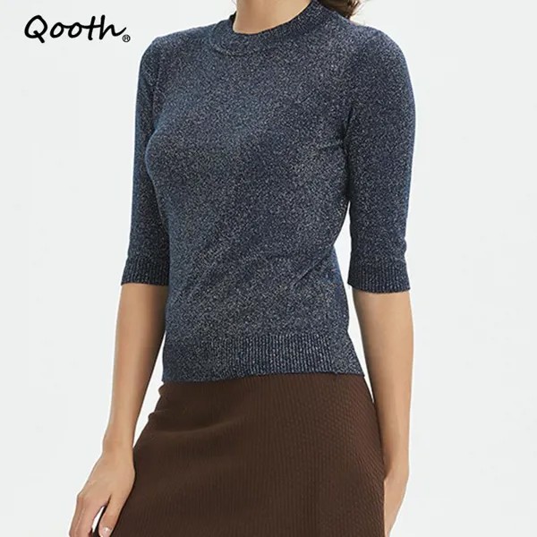 Qooth Женщины Половина рукава Тонкий блестящий люрекс Рубашка Элегантный пуловер Сексуальный Круглый Вырез Вязаный свитер Блузка QT1885