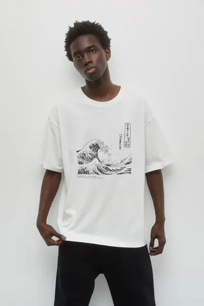 Hokusai T-shirt Pull&Bear, кремовый