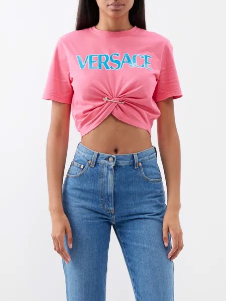 Укороченная футболка из джерси с логотипом safety pin Versace, розовый