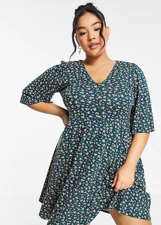 Свободное зеленое платье мини с цветочным принтом ASOS DESIGN Curve-Зеленый цвет