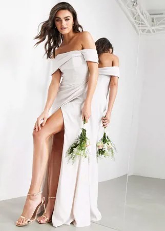 Атласное платье макси бледного серебристого цвета с вырезом лодочкой, драпировкой и запахом ASOS EDITION-Серебристый