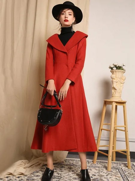 Milanoo Women's Winter Coat Long Sleeve Turndown Collar Brick Red Wool Coats