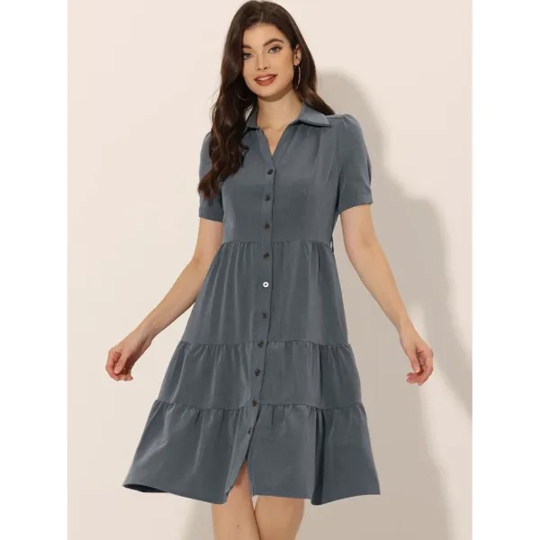 Женское летнее платье-рубашка из шамбре 2023, с коротким рукавом, на пуговицах и завязкой на талии, джинсовые платья в стиле вестерн с V-образным вырезом ALLEGRA K, темно-серый