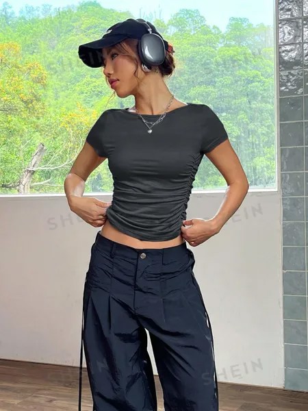 SHEIN EZwear Облегающая плиссированная футболка с короткими рукавами, темно-серый