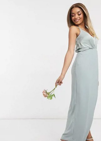 Шалфейно-зеленое атласное платье макси с воротником халтер TFNC Petite Bridesmaid-Зеленый