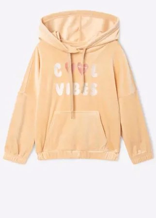 Бежевое велюровое худи oversize с вышивкой для девочки Gloria Jeans