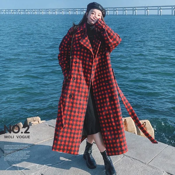 Женское шерстяное пальто в стиле ретро, Длинное свободное двубортное утепленное пальто в клетку в Корейском стиле с лацканами, большие размеры, новинка на зиму