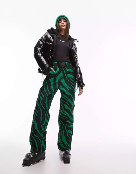 Прямые лыжные брюки Topshop Sno зеленого цвета с зебровым принтом