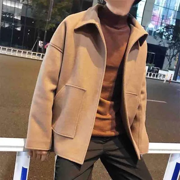 Короткая шерстяная ветровка в стиле ретро для работы с пуговицами и свободным отворотом Корейская версия зимнее свободное повседневное мужское шерстяное пальто