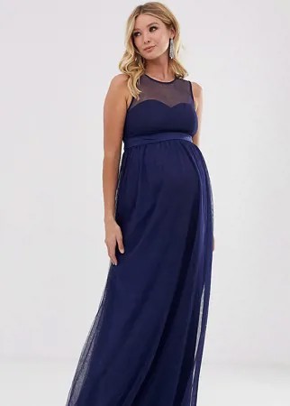 Темно-синее платье макси с сетчатой вставкой Little Mistress Maternity-Темно-синий
