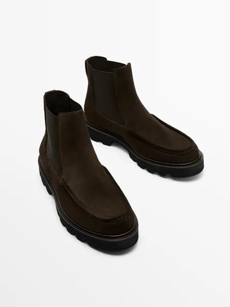 Коричневые замшевые ботинки «челси» с деталией моко-носок Massimo Dutti, коричневый