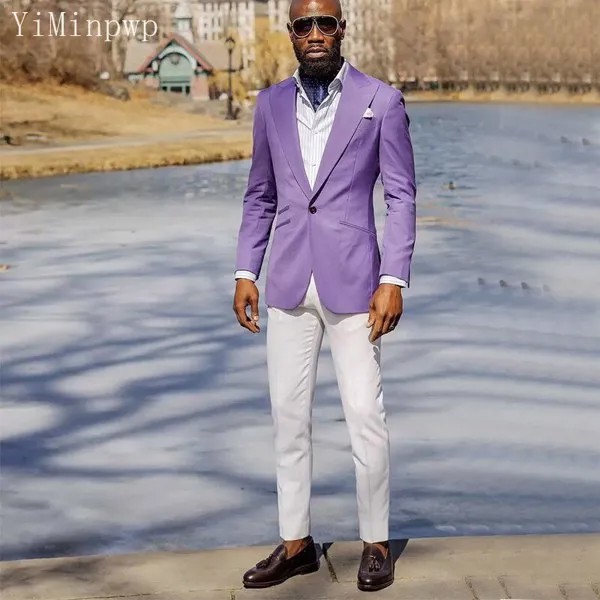 Мужской костюм для выпускного вечера, светильник-Фиолетовый пиджак с отложным воротником и белые брюки