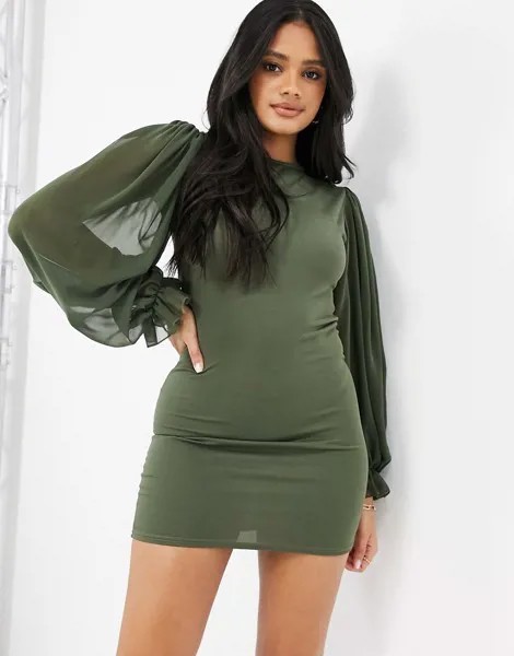 Полупрозрачное платье мини цвета хаки с объемными рукавами Femme Luxe-Зеленый цвет