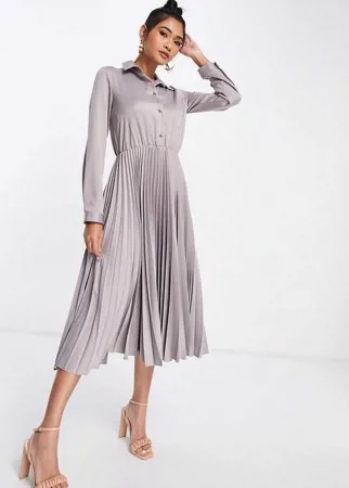 Атласное платье-рубашка миди с юбкой в складку Closet London-Серый