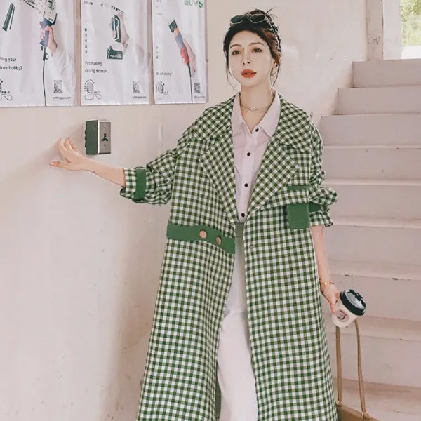 Женская ветровка весна-осень 2022 модная куртка в клетку в Корейском стиле свободная темпераментная длинная Дамская плащ большого размера