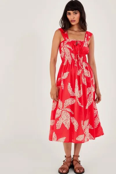Красное летнее платье миди из экологически чистого хлопка с принтом пальмы Monsoon, красный