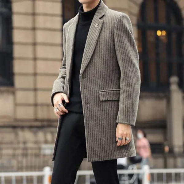 Мужское бархатное пальто в полоску, Элегантное длинное зимнее пальто в английском стиле из норки и велюра, 2023
