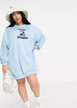 Синее платье-свитшот мини в стиле oversized с принтом и надписью ASOS DESIGN Curve-Голубой