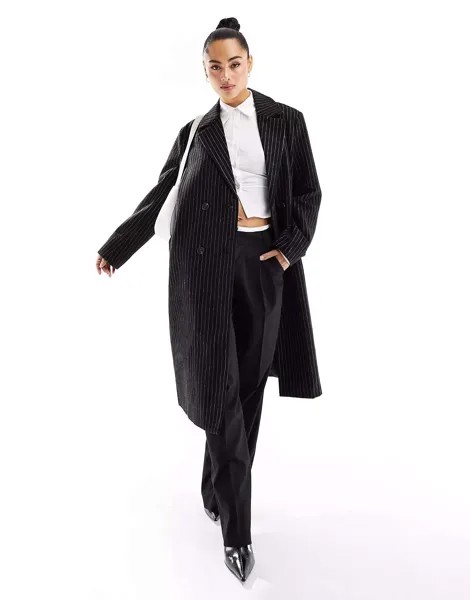 Удлиненное двубортное шерстяное пальто в черную полоску ONLY
