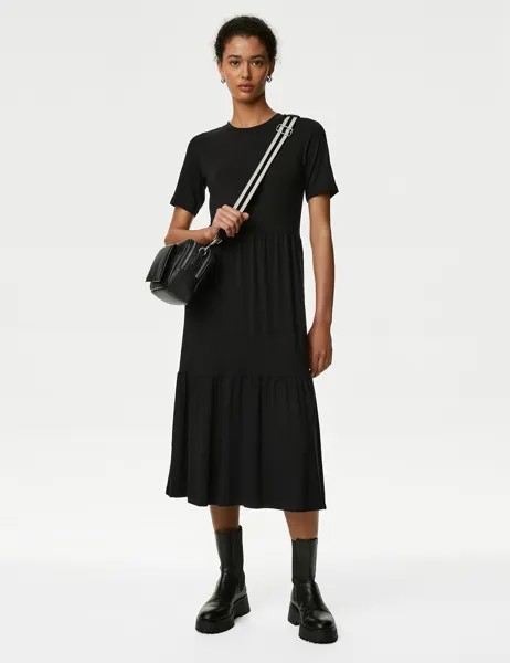 Многоярусное платье миди из джерси с круглым вырезом Marks & Spencer, черный