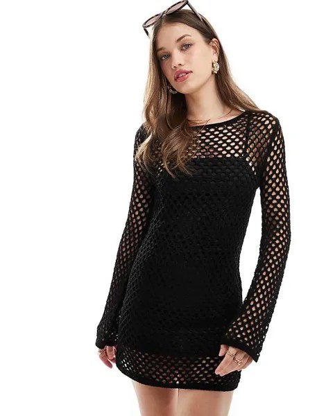 Pull&Bear – Черное вязаное мини-платье крючком