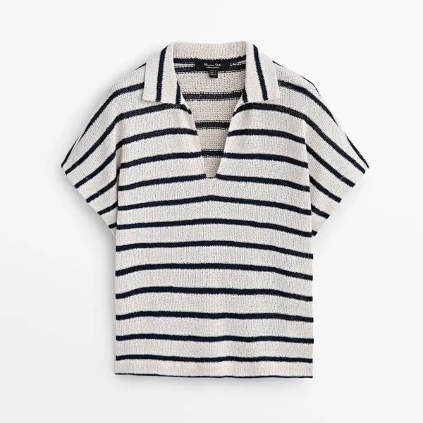 Поло Massimo Dutti Textured Striped Cotton Blend, светло-бежевый