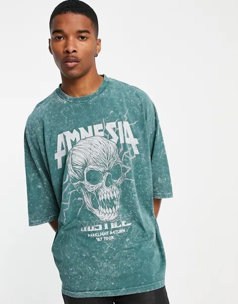 Зеленая oversized-футболка с эффектом кислотной стирки и принтом черепа ASOS DESIGN-Зеленый цвет