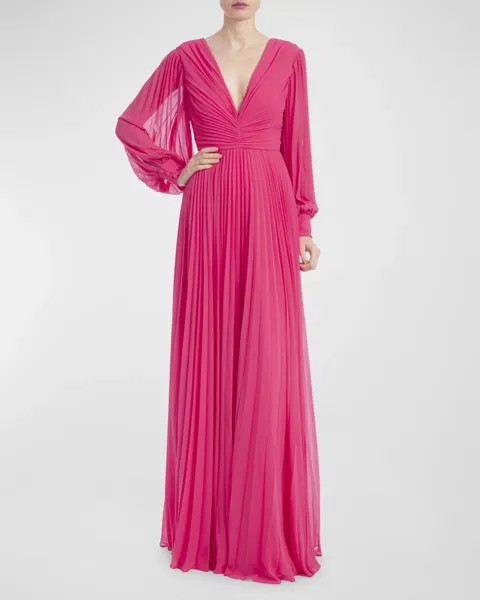 Плиссированное платье из жоржета с блузоном и рукавами Badgley Mischka Collection, цвет Watermelon