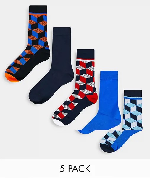 Набор из 5 пар носков с геометрическим принтом Jack & Jones-Темно-синий