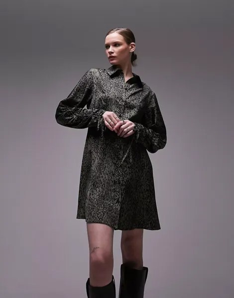 Платье Topshop Ruched Sleeve Mini Shirt, темно-серый