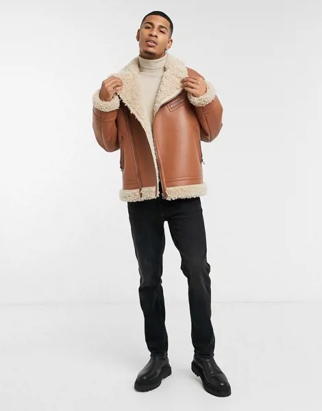 Светло-коричневая куртка-авиатор из искусственной овчины ASOS DESIGN-Коричневый