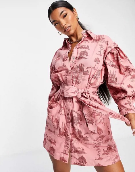 Платье-рубашка с рукавами со складками, поясом и принтом «туаль де Жуи» ASOS DESIGN-Разноцветный