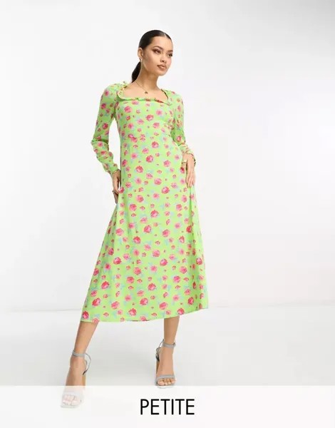 Зеленое платье миди Vila Petite с квадратным вырезом, шнуровкой на спине и цветочным узором