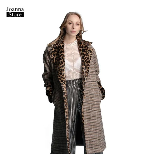 Шерстяной зимний пиджак женский леопардовый плед классический хаки ретро элегантное пальто XL шерстяной корейский пиджак офисная женская одежда