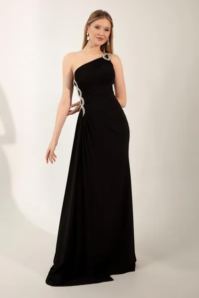 Женское черное длинное вечернее платье с камнем на одно плечо Lafaba, черный