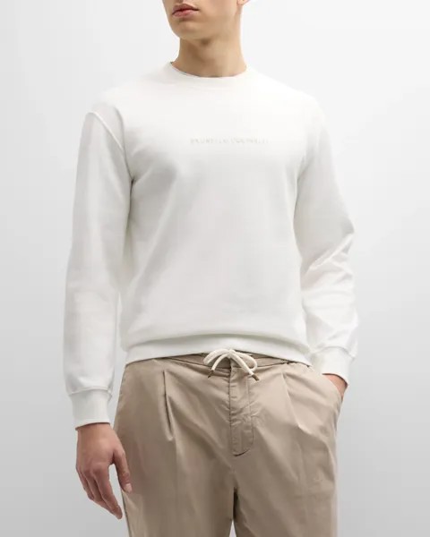 Мужской свитшот с круглым вырезом и вышитым логотипом Brunello Cucinelli, цвет Off White