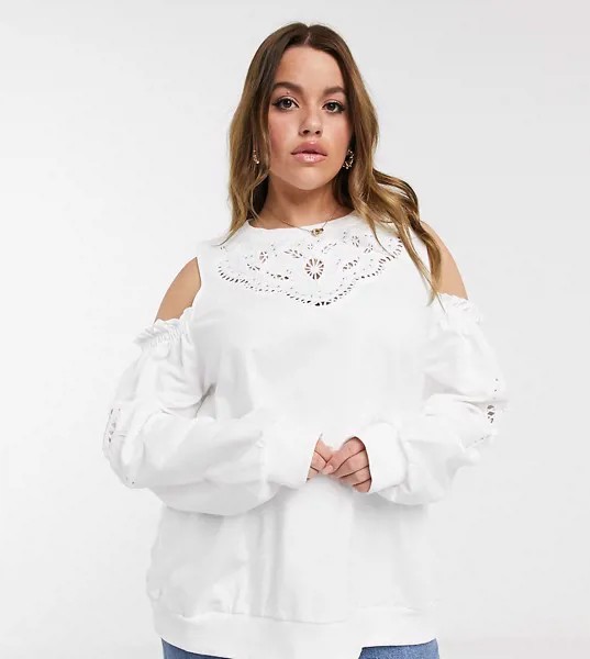 Кремовый свитшот с открытыми плечами и вышивкой River Island Plus-Белый