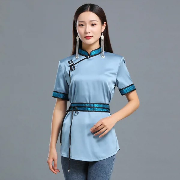 Летняя монгольская шелковая блузка, Женский костюм Тан, стильный топ с коротким рукавом, рубашка для гостиной в стиле пастбища, Азиатский эт...