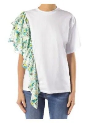 MSGM Женская белая футболка с коротким рукавом и круглым вырезом с рюшами и цветочным принтом S