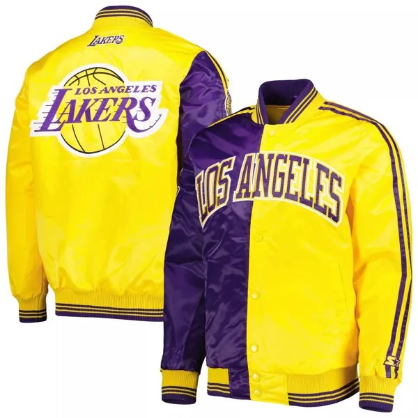 Мужская атласная куртка с короткими кнопками Los Angeles Lakers фиолетового/золотого цвета Starter