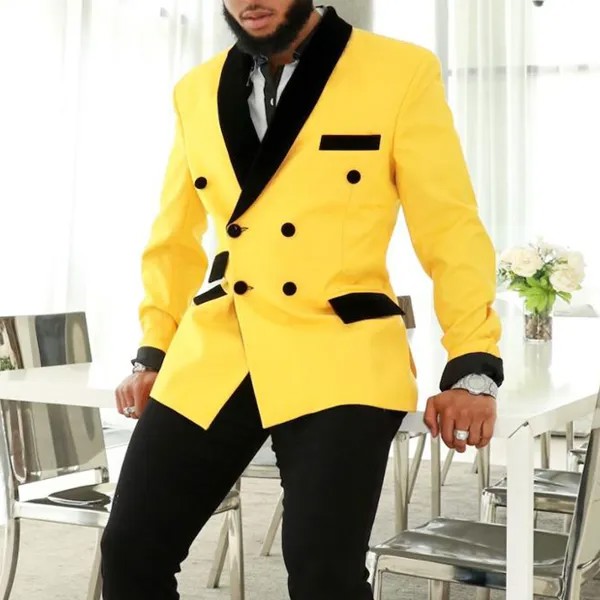 (Пиджак + брюки) желтые с черным лацканом 2 шт. смокинги для жениха для свадьбы официальный костюм для выпусквечерние вечера