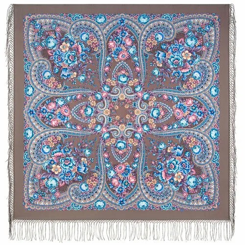 Платок Павловопосадская платочная мануфактура,135х135 см, коралловый, голубой