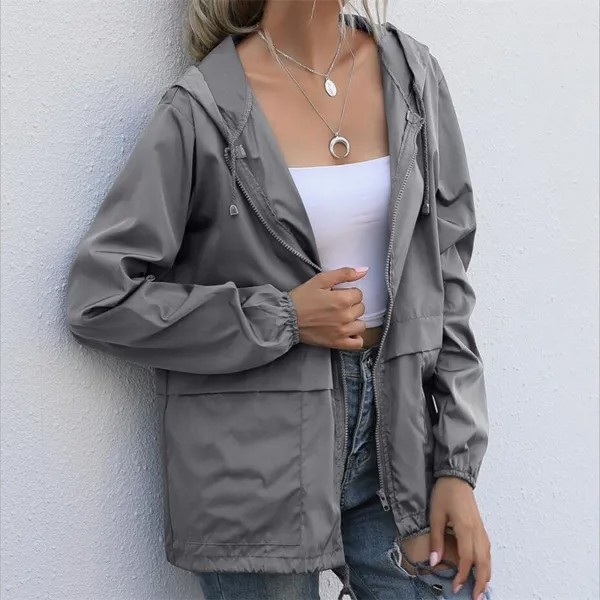 Куртка женская на молнии с капюшоном, легкий непромокаемый однотонный короткий дождевик для активного отдыха и походов
