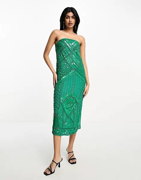 Зеленое эргономичное платье миди-бандо с украшением ASOS DESIGN