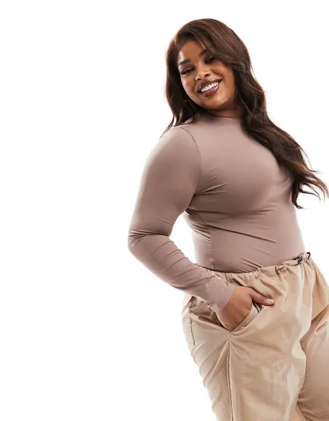 Корректирующее боди с длинными рукавами ASOS DESIGN Curve All Day серого цвета