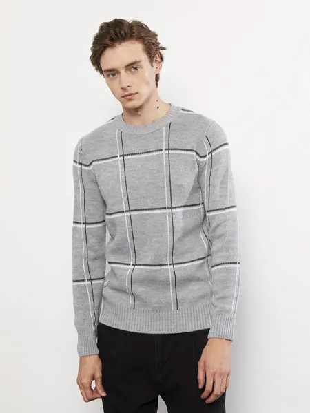 Мужской вязаный свитер в клетку с круглым вырезом и длинными рукавами LCW Casual, серый меланж