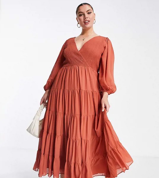 Рыжее ярусное платье макси со сборками и запахом ASOS DESIGN Curve-Коричневый цвет