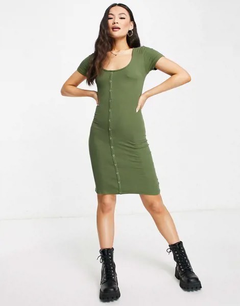 Платье-футболка мини цвета хаки на пуговицах Brave Soul-Зеленый цвет
